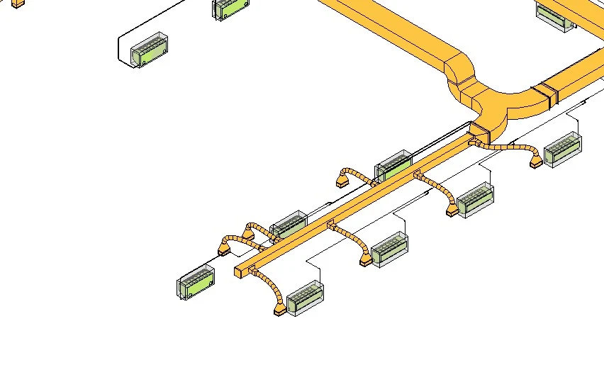 Modelo BIM de duto principal com ramais flexíveis para unidades fancoil